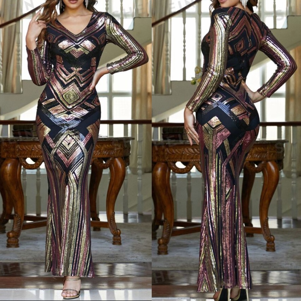 Luxe V neck mermaid hem prom party sequins dress